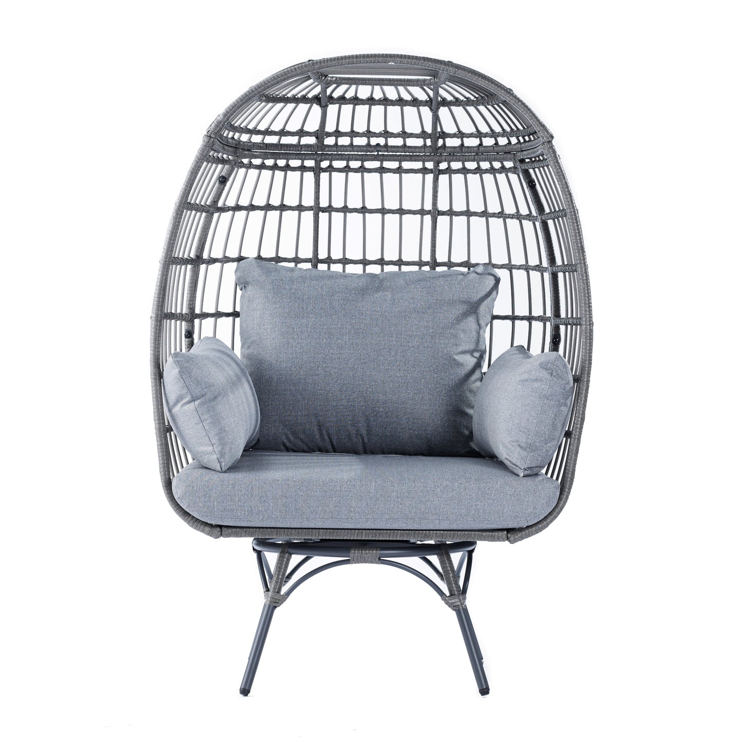 Emma + Oliver Gray/Gray Indoor/Outdoor Oversized Swivel Lounge Egg Chair with Wicker Rattan Construction and 4 Cushions for Patio, Sunroom, or Deck