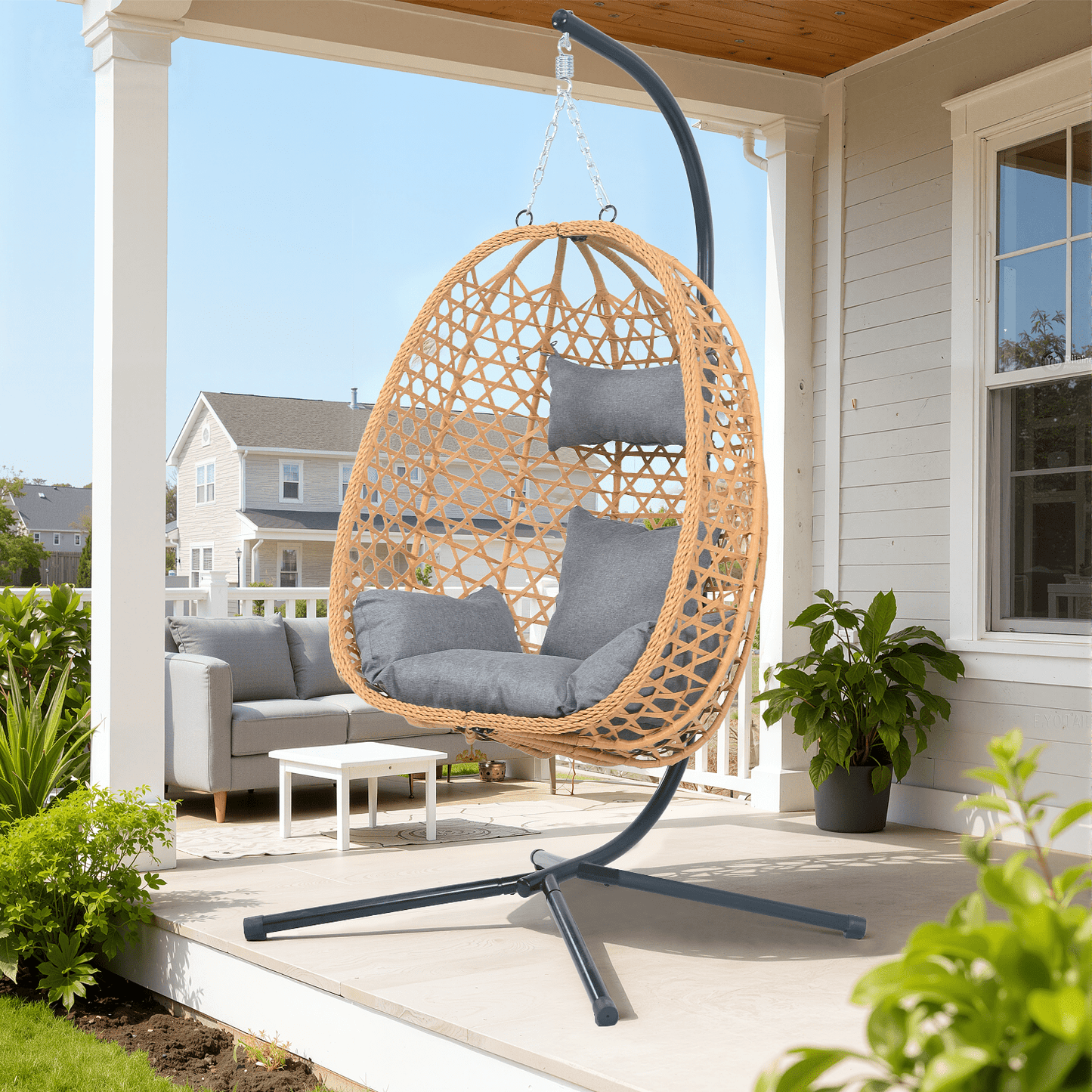 All-Weather Rattan Hanging Egg Chair with Stand & Cushions - Indoor/Outdoor Swing Chair for Patio Balcony Garden - Grey