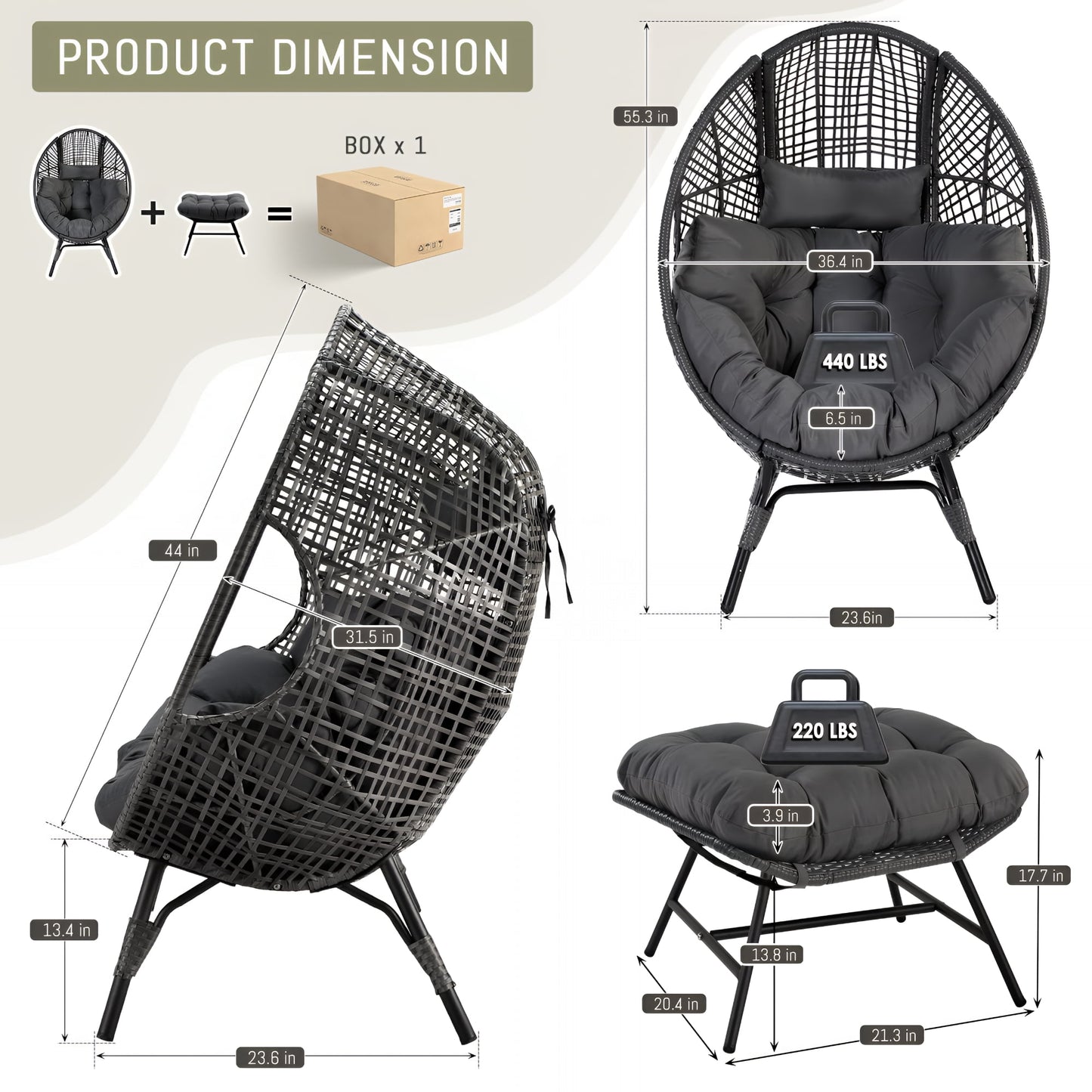 RADIATA Oversized Patio Egg Chair with Footrest, Dark Gray Rattan Outdoor Lounge Chair with Cushion
