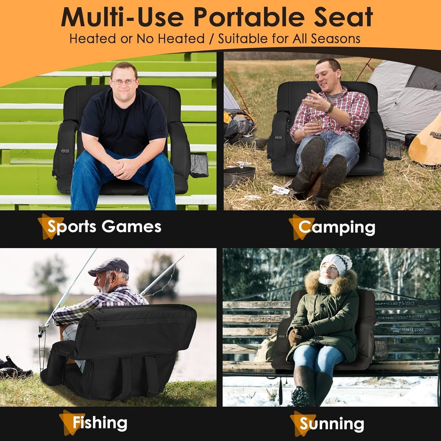 DKMOCO 21" Wide Dual-Sided Heated Stadium Seats for Bleachers with Back Support, Bleachers Chair with Arm Rest, for Outdoor Sports (wiht 20000mAh Power Bank)