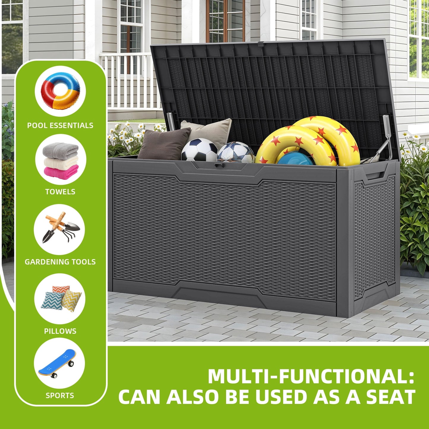 Uforic Lockable 100 Gallon Resin Deck Box, Heavy-Duty Weather Resistant Outdoor Storage Chest, Versatile Storage Solution for Patio Accessories and Daily Essentials, Dark Gray