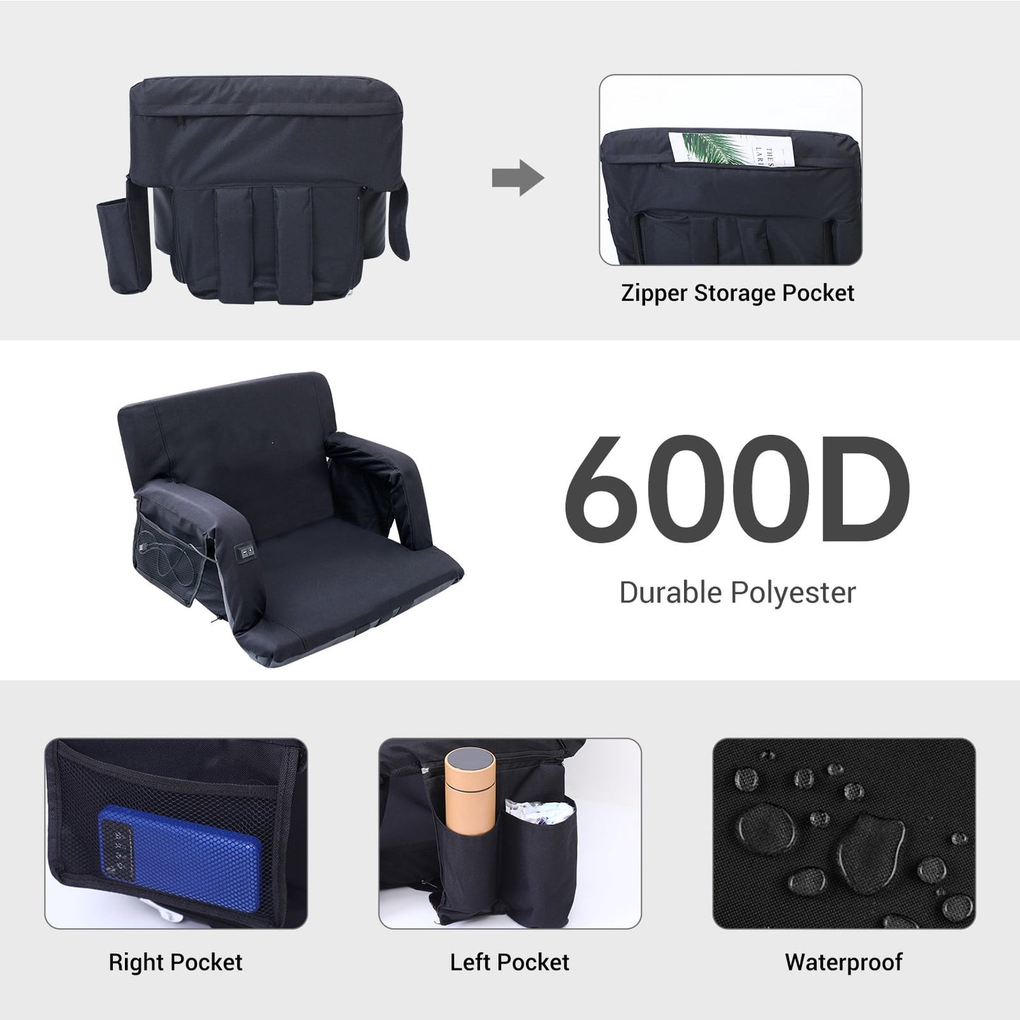 Heated Massage Stadium Seats, Floor Chair, Bleacher Chairs, Reclining Waterproof Cushion, Ultralight, Foldable, Extra Thick Padding, with Shoulder Straps & Side Pockets (Regular, Set of 1)