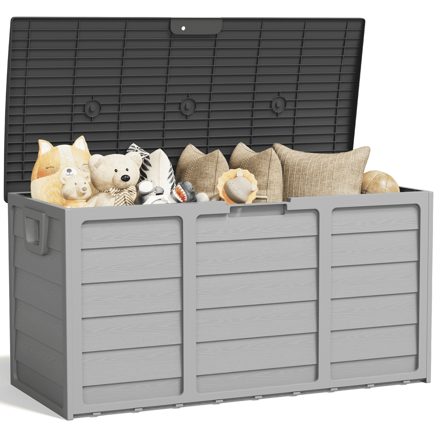 Marknig 75 Gallon Deck Box, Indoor Outdoor Storage Box for Patio Furniture, Pool Accessories, Garden Tools, Sports Equipment, Waterproof Resin Rattan Box with Lockable Lid and Side Handles, Gray