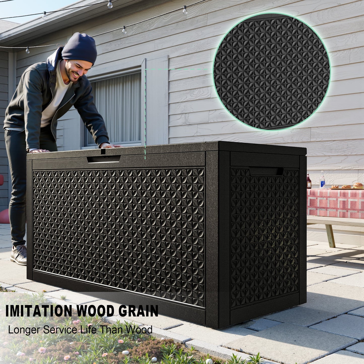 EasyUp 100 Gallon Resin Deck Box, Lockable Patio Outdoor Storage Box for Furniture, Garden Tools and Tools Storage, Waterproof Outside Storage Boxes