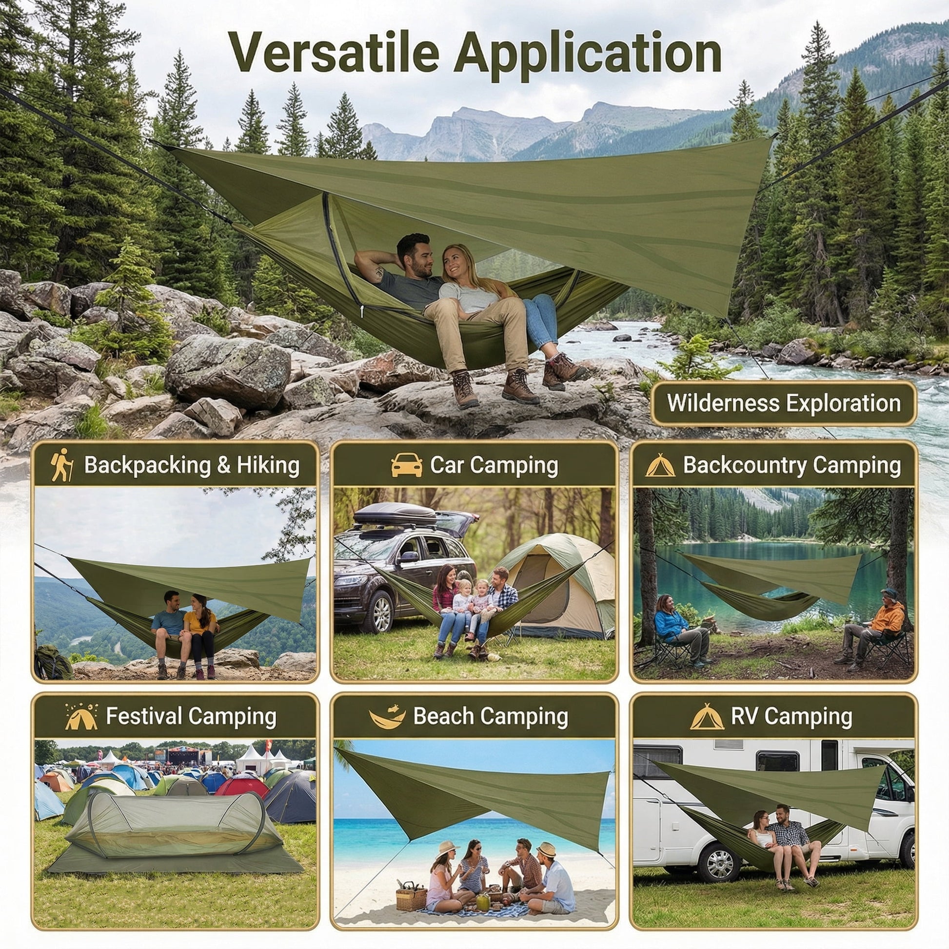 EZBY Camping Hammock with Net & Sunshade Tarp, 2 Person Portable Hammocks for Outside, 661lbs Max Load for Outdoor Camping Hiking Beach Park