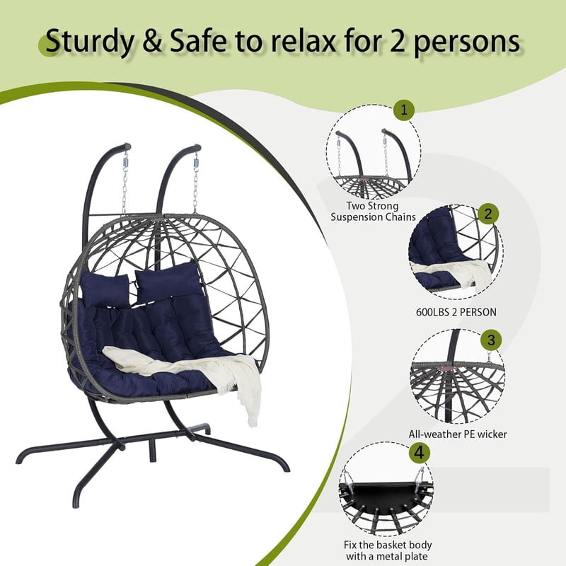 Double Swing Egg Chair with Stand, 2 Person Indoor Outdoor Wicker Loveseat, Oversized Patio Hanging Basket Chair with Cushions, Cozy Sturdy Porch Swing for Backyard