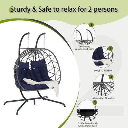 Double Swing Egg Chair with Stand, 2 Person Indoor Outdoor Wicker Loveseat, Oversized Patio Hanging Basket Chair with Cushions, Cozy Sturdy Porch Swing for Backyard
