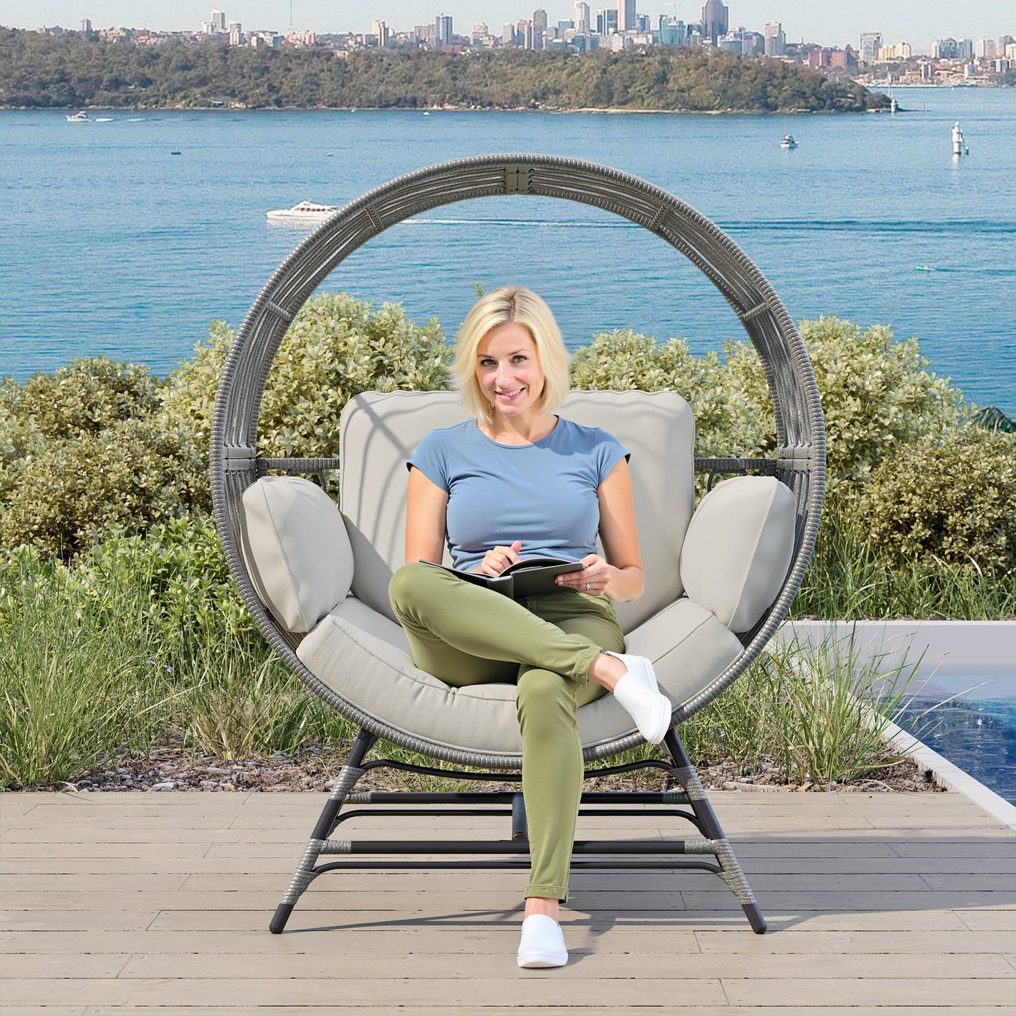 Wicker Round Egg Chair, Oversized Indoor Outdoor Lounger for Patio Living Room, w/ 4 Cushions, Steel Frame, 330lbs Capacity(GR-LR)