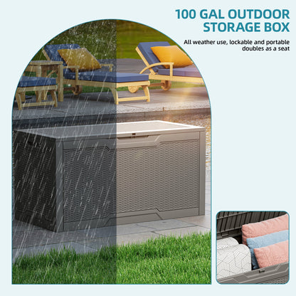 Uforic 100 Gallon Large Resin Deck Box, Waterproof Lockable Outdoor Storage Container for Patio Garden, Light Brown
