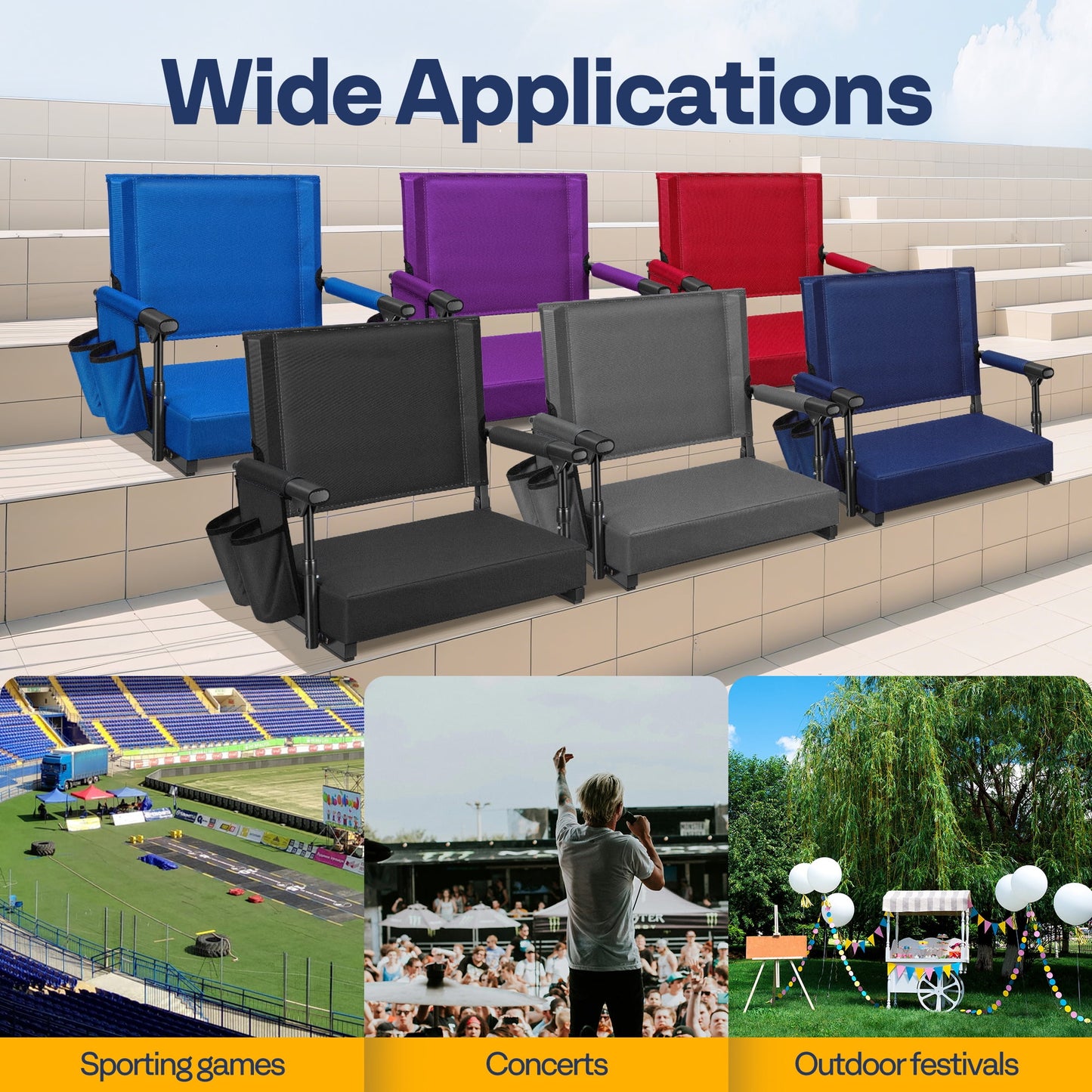 SPECSTAR Stadium Seats with Back Support and Cushion, 2 Pack Portable Bleacher Chairs with Cup Holder and Shoulder Strap