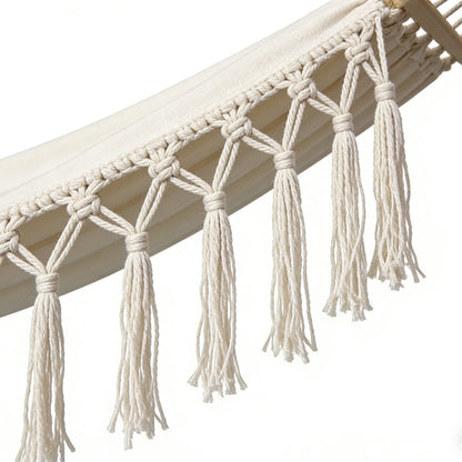 Oaskys Bohemian Style Hammock with Tassels – Handmade Rope Hammock with Wooden Spreader Bars, Heavy Duty Hanging Hammock for Outdoor Garden, Patio and Backyard