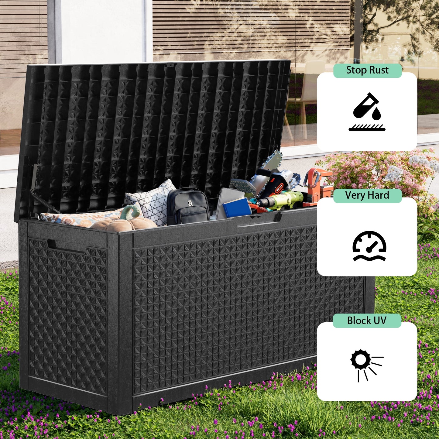 EasyUp 100 Gallon Resin Deck Box, Lockable Patio Outdoor Storage Box for Furniture, Garden Tools and Tools Storage, Waterproof Outside Storage Boxes