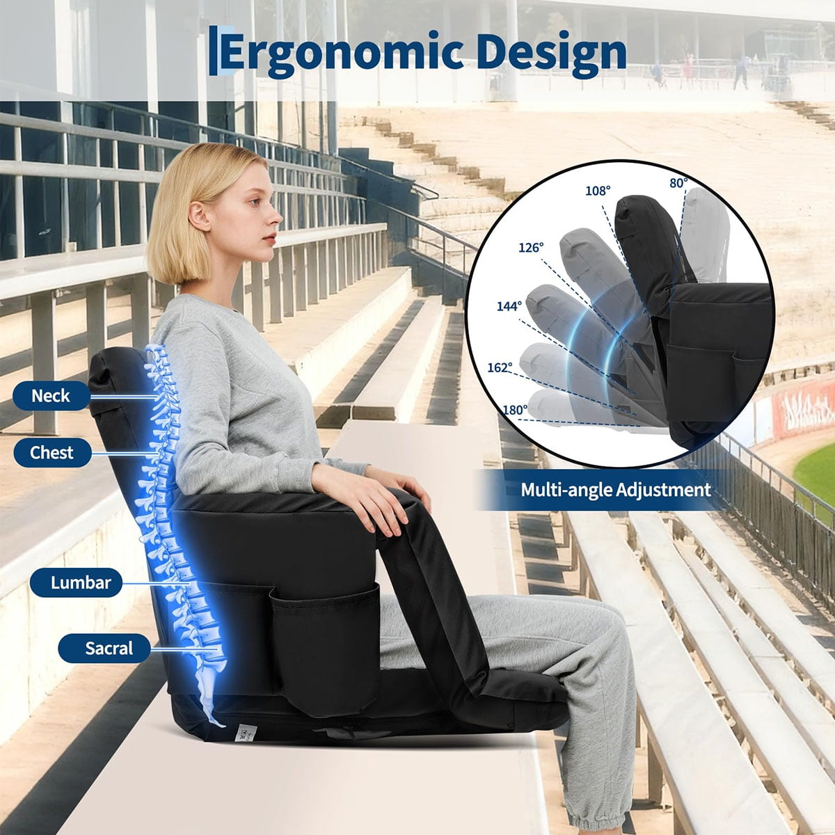 Danolapsi 2 Pack Wide Bleacher Seats with Back Support, 6-Position Reclining Stadium Chairs with Adjustable Armrests, Cup Holder & Pockets, Portable Folding Chairs for Sports, Concerts