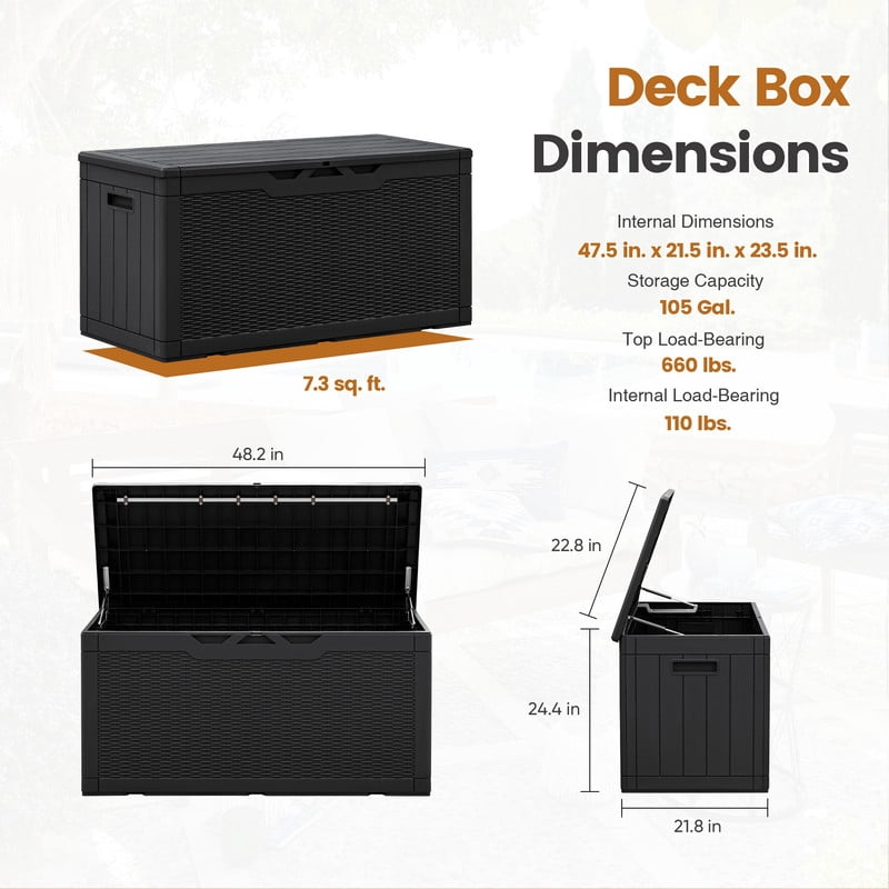Devoko 105 Gallon Resin Deck Box Outdoor Lockable Storage Bench with Cushions Waterproof Storage Box,Black