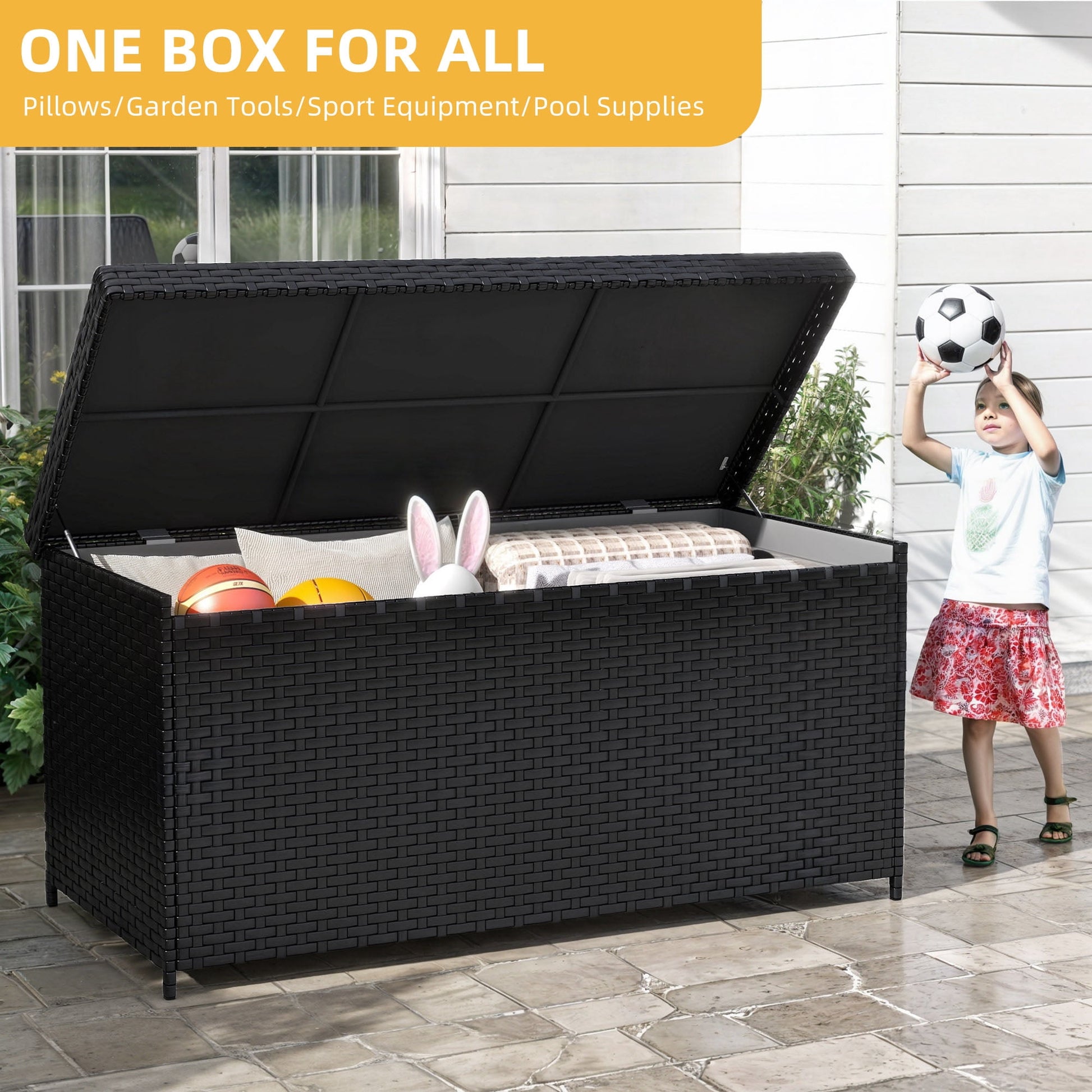 Craftian Outdoor 260 Gallon Waterproof Wicker Deck Box, Black