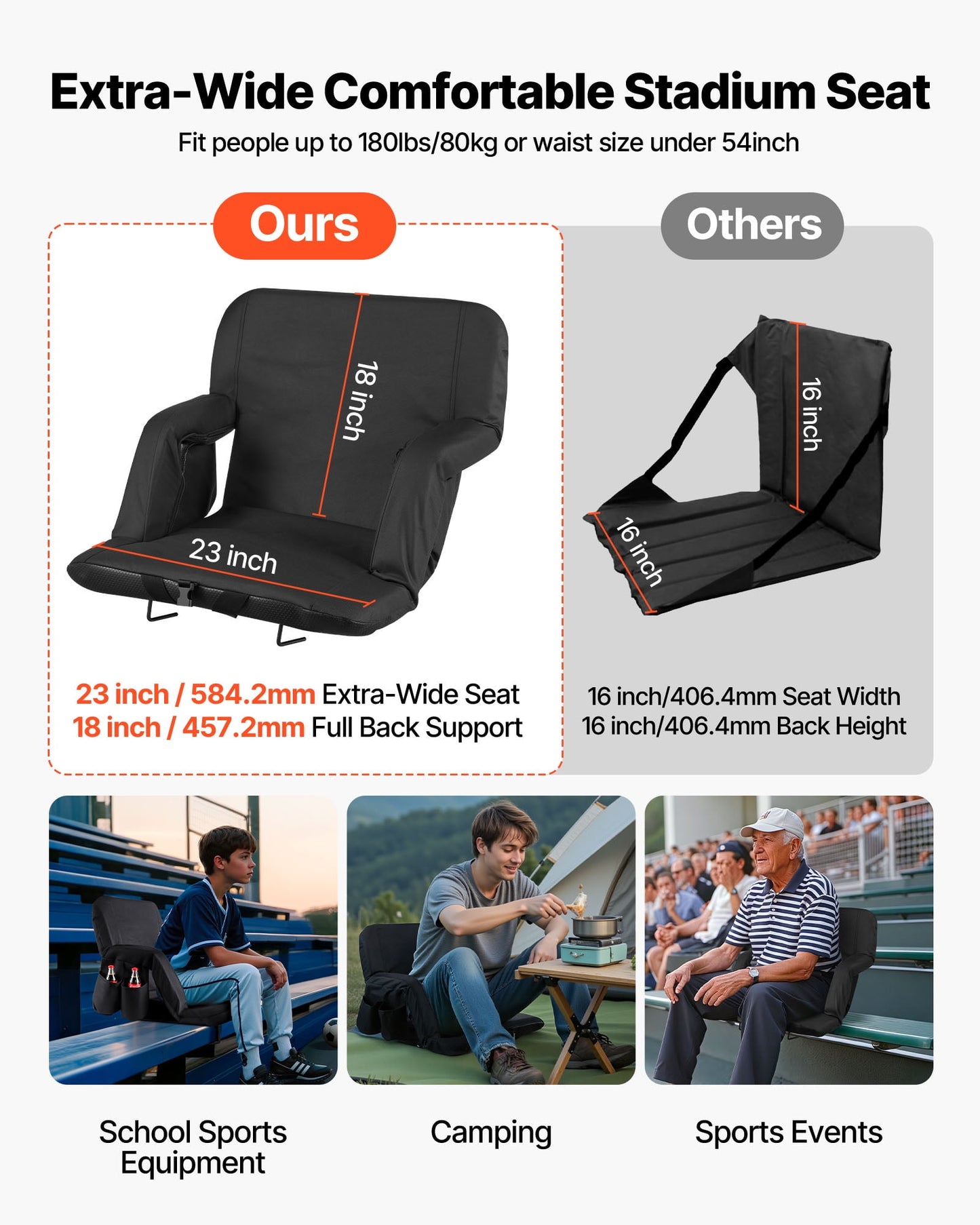 VEVOR Stadium Seat, 6 Adjustable Angle Bleacher Chair, 2.9'' Cushion Stadium Seat with Back Support and Armrest, Wide Bleacher Chair with Hook Pocket Cupholder for Picnics, Beach Sports, and Gaming