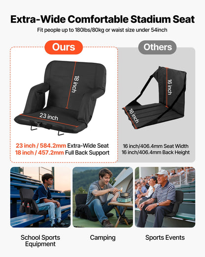 VEVOR Stadium Seat, 6 Adjustable Angle Bleacher Chair, 2.9'' Cushion Stadium Seat with Back Support and Armrest, Wide Bleacher Chair with Hook Pocket Cupholder for Picnics, Beach Sports, and Gaming
