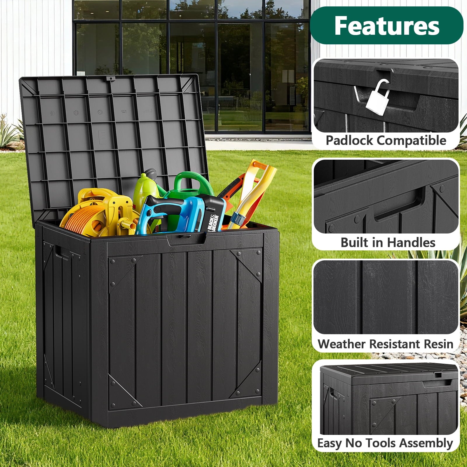 WASUHE 30 Gallon Resin Deck Box Waterproof Small Outdoor Storage Box for Patio Furniture Pool Accessories Indoor Storage for Cushion Garden Tools, UV Resistant, Lockable, Black