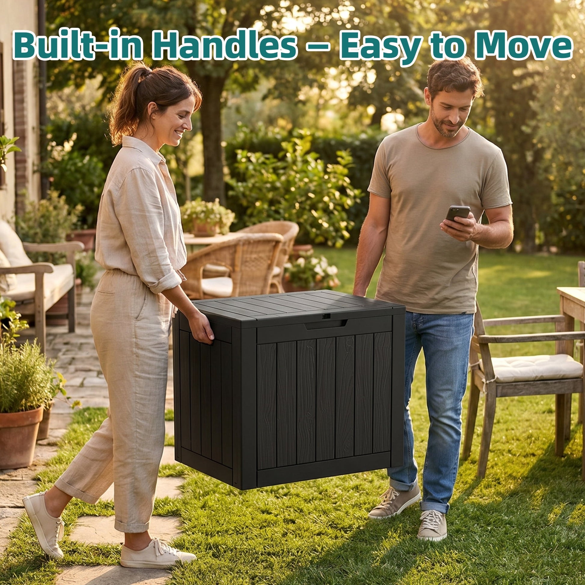MINDYES 30 Gallon Deck Box, Outdoor Resin Storage Box, Waterproof Patio Lockable Outside Cushions, Black