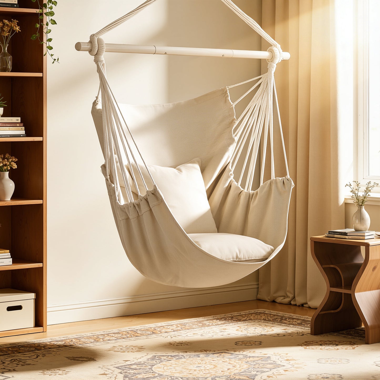 Large Hammock Chair Swing, Relax Hanging Rope Swing Chair with Detachable Metal Support Bar & Two Seat Cushions, Cotton Hammock Chair Swing Seat for Yard Bedroom Patio Porch Indoor Outdoor