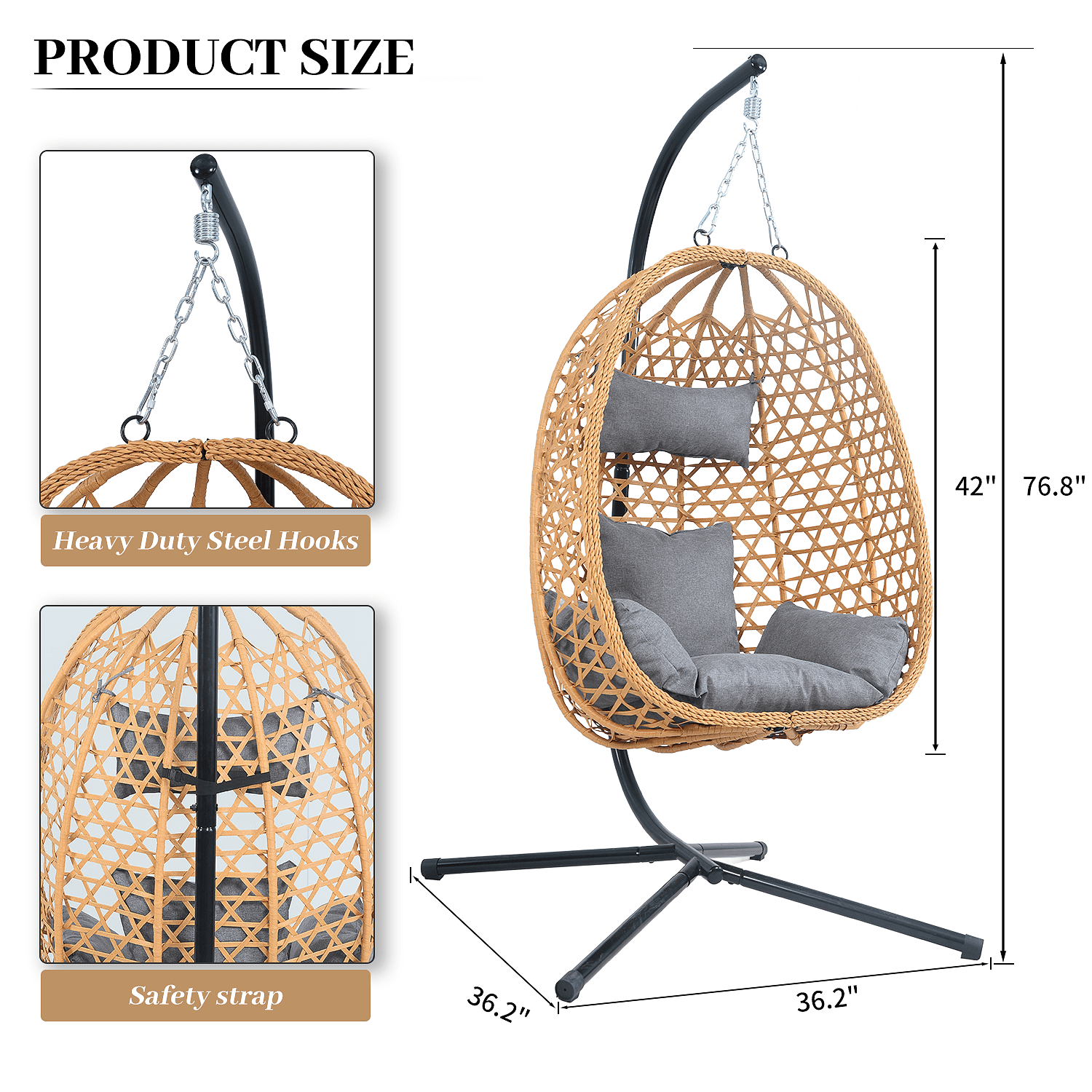 AstrPthylx Hanging Egg Chair with Stand - All-Weather Rattan Swing Chair & Cushions for Patio, Balcony, Garden, 350lb Capacity (Grey)