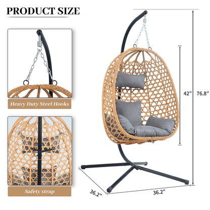 AstrPthylx Hanging Egg Chair with Stand - All-Weather Rattan Swing Chair & Cushions for Patio, Balcony, Garden, 350lb Capacity (Grey)