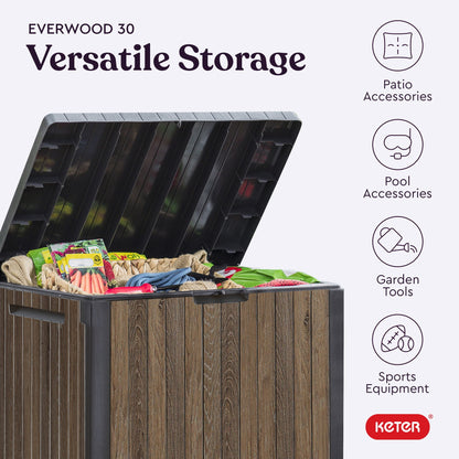 Keter Signature Everwood 30 Gallon Resin Outdoor Storage Box and Patio Furniture Side Table for Pool and Garden Accessories, Walnut