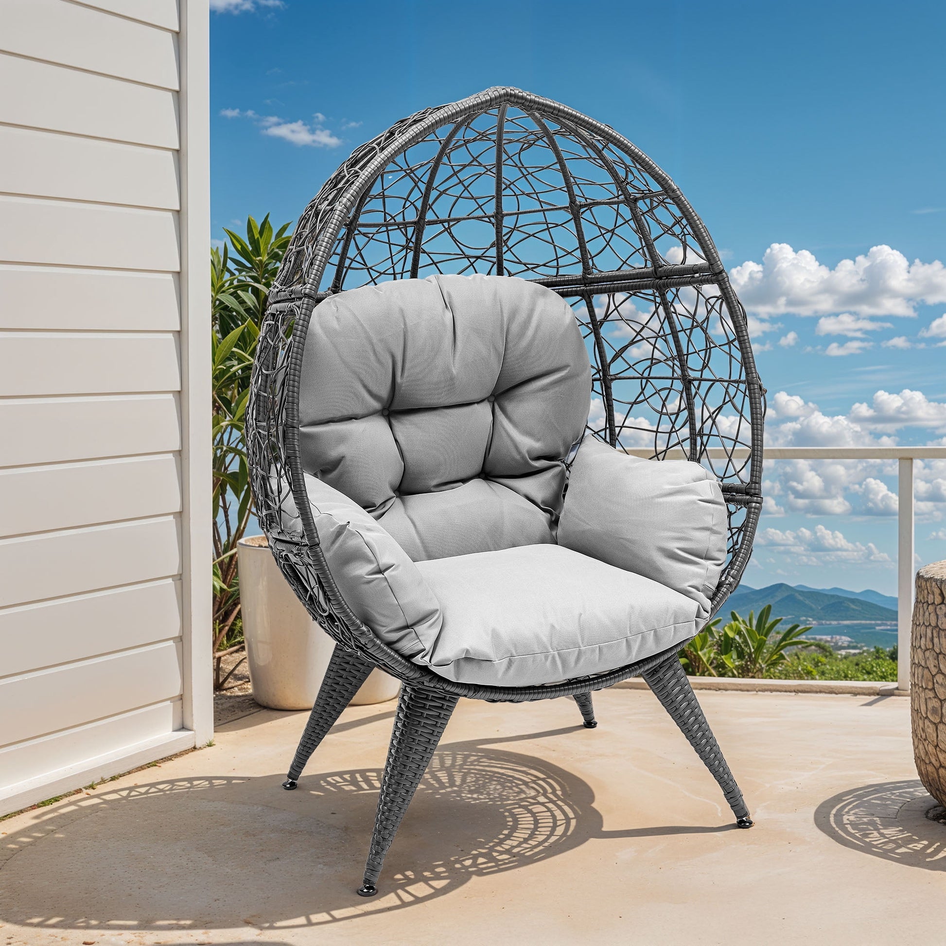 Uforic Oversized Wicker Egg Chair with Stand & Cushion, 330 Lb Capacity for Garden and Balcony, Gray