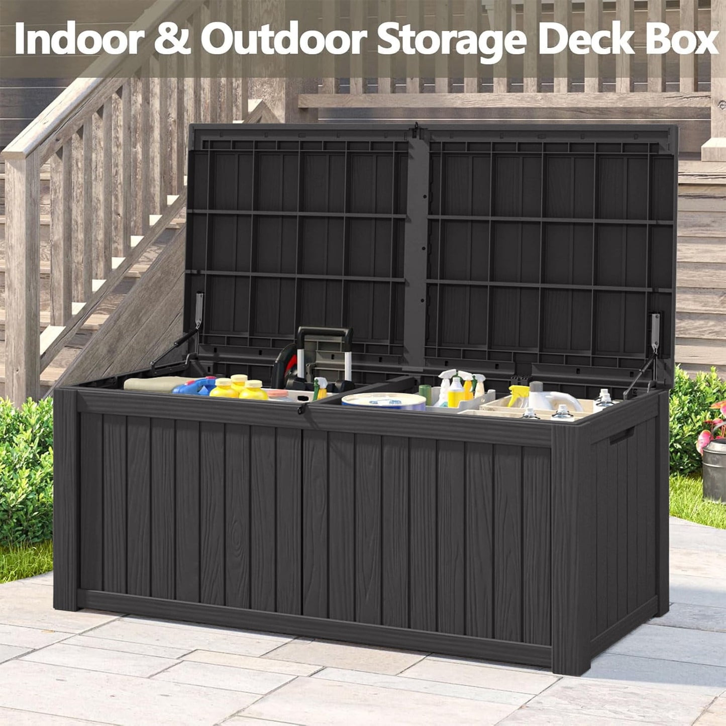 Decksplore 180 Gallon Deck Box, Lockable, UV-Resistant, HDPE Outdoor Storage Box Waterproof, Patio Storage Box for Bicycles, Skis, Tables (Black)