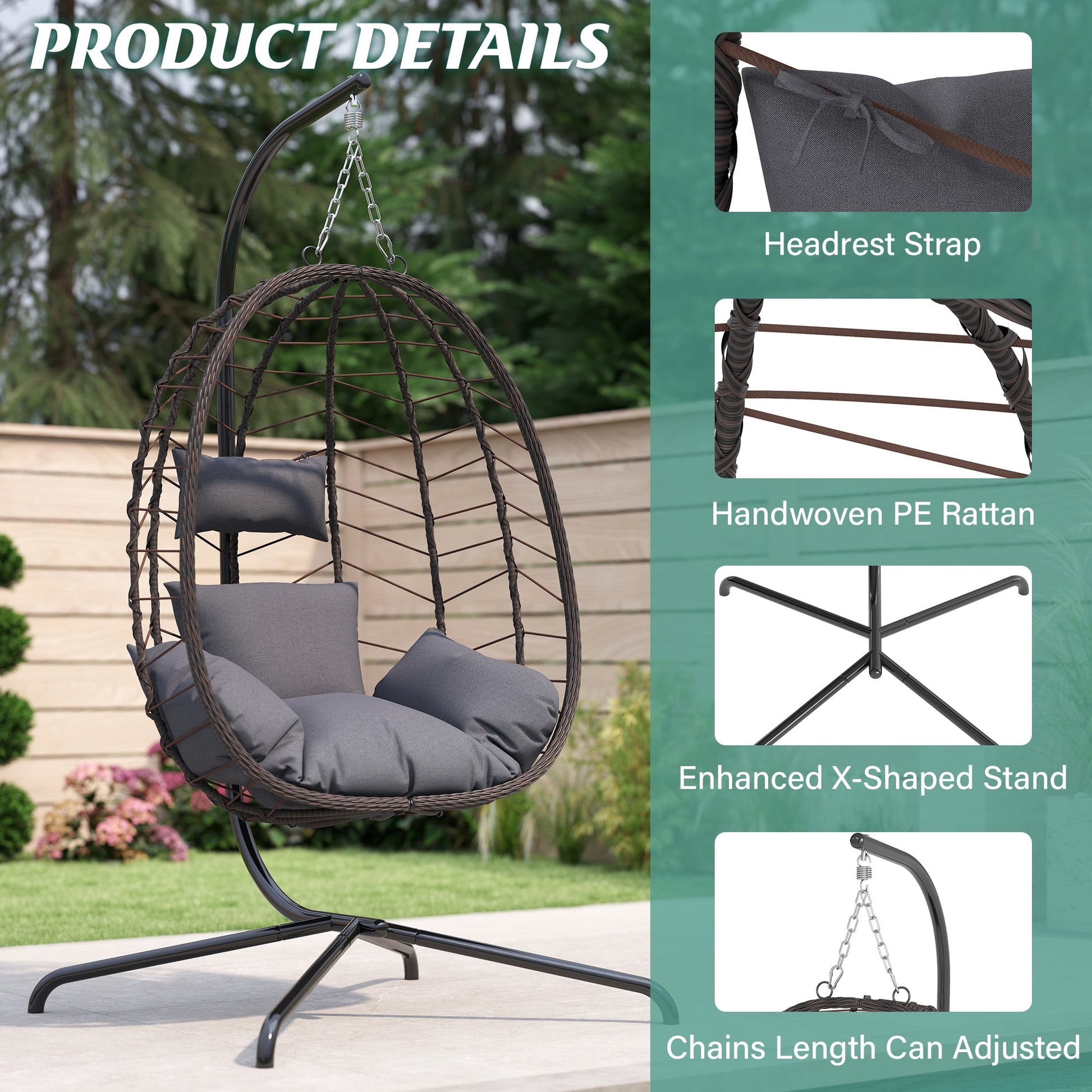 Egg Chair with Stand, Patio Wicker LHBcraft Hanging Chair, Hammock Swing Chair, 350LBS Capacity for Bedroom, Balcony, Garden