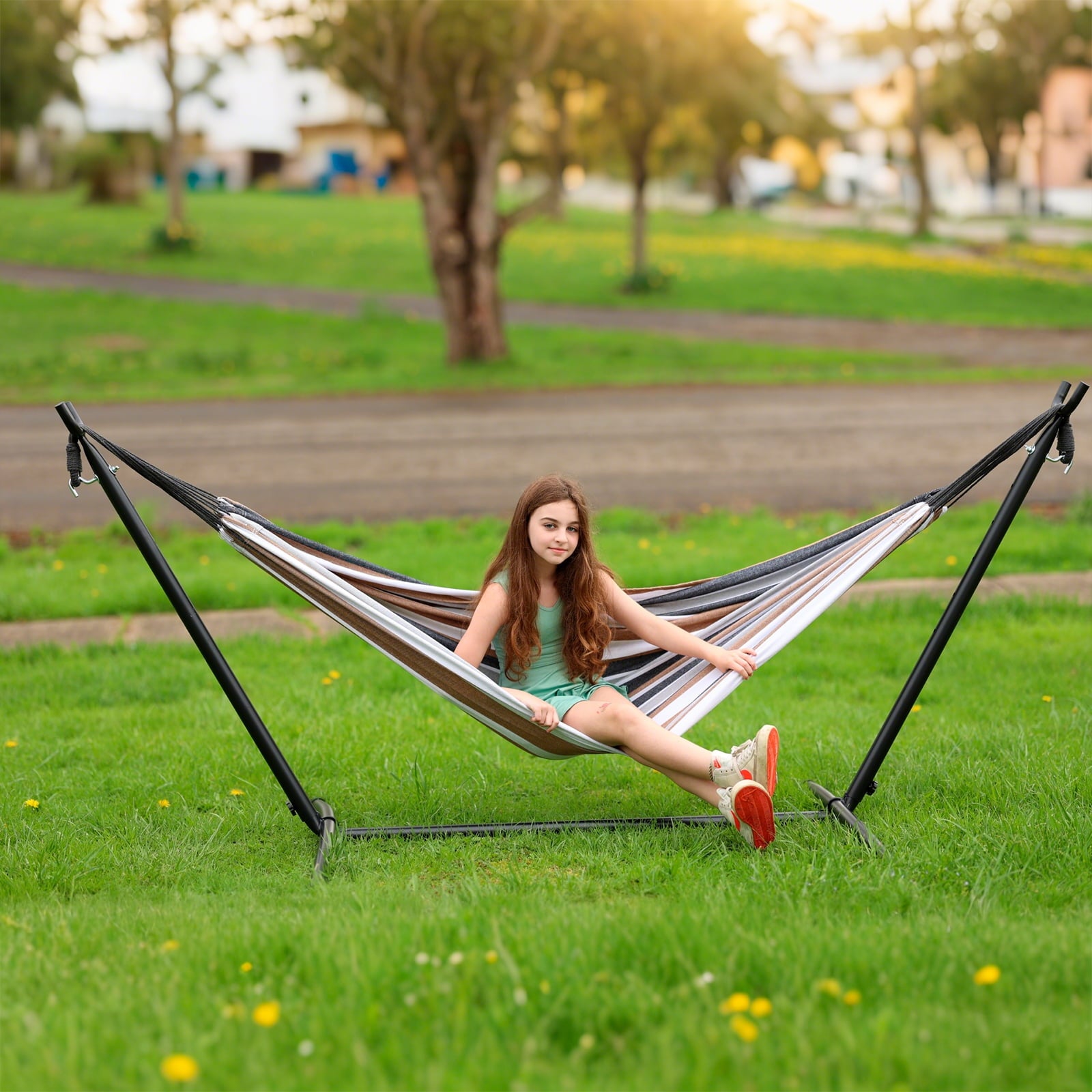 SZHLUX Double Hammock with Stand Included 450lb Capacity Steel Stand, Premium Carry Bag Included and Two Anti Roll Balance Beam, Portable Hammock with Stand for Backyard, Camping,Garden Brown Stripes