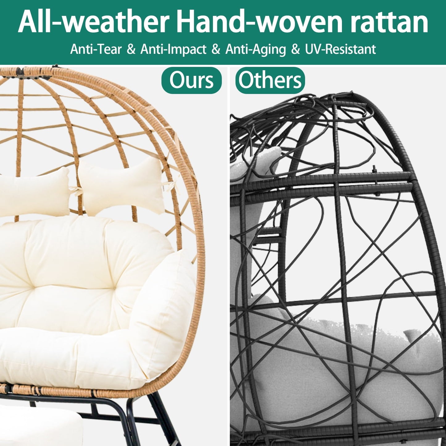 FKS LIFE 2 Person Egg Chair With Ottoman Cushion Large Egg Basket Chair With Footrest For Outdoor Indoor Patio Balcony Garden