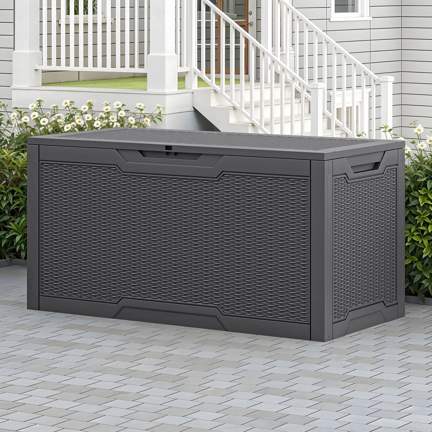 Uforic Lockable 100 Gallon Resin Deck Box, Heavy-Duty Weather Resistant Outdoor Storage Chest, Versatile Storage Solution for Patio Accessories and Daily Essentials, Dark Gray