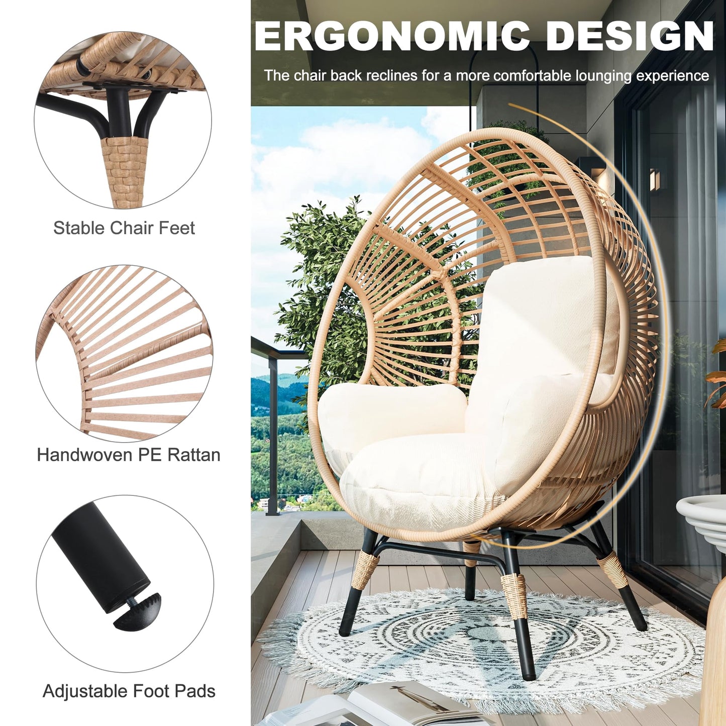 TQKVIPI Oversized Egg Chair Outdoor Indoor,Patio Lounge Chair with Thicken Cushions & Durable Steel Frame, Egg Basket Chair 500lbs Capacity for Garden, Backyard, Porch,Bedroom (Beige-Regular)