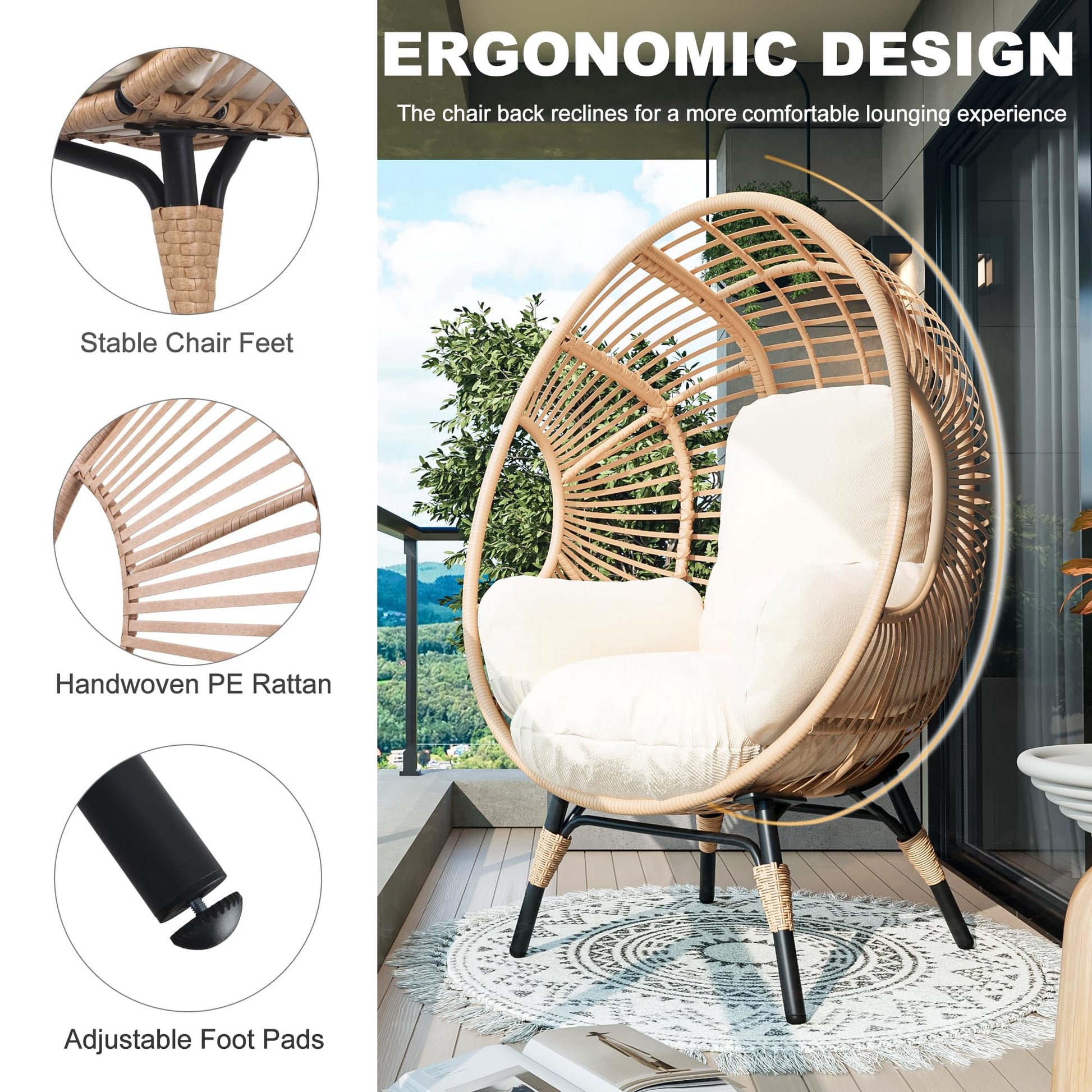 TQKVIPI Oversized Egg Chair Outdoor Indoor,Patio Lounge Chair with Thicken Cushions & Durable Steel Frame, Egg Basket Chair 500lbs Capacity for Garden, Backyard, Porch,Bedroom (Beige-Regular)