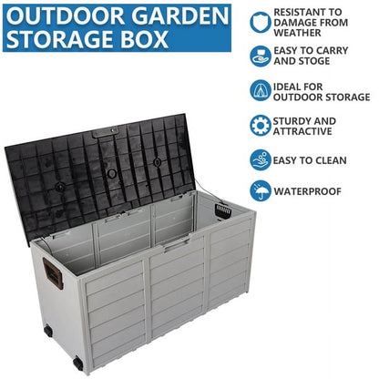 75 Gallon Deck Box Deck for Outside, Patio Large Storage Cabinet, Waterproof Storage Chest on Wheels for Christmas Gift, Garden Tools, Kids' Toys,Brown,260L