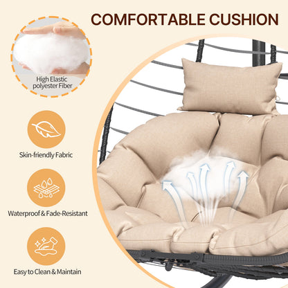 ELPOSUN Double Wicker Swing Egg Chair 2 Person Foldable Hanging Egg Chair with Stand, Porch Swing Loveseat for Patio, Balcony, Porch, Indoor, Outdoor, Black/Beige