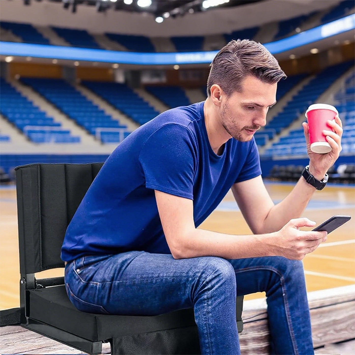 Portable Stadium Seat with Back Support, Folding Bleacher Chair with Cushion, Cup Holders, Storage Pockets – Ideal for Sports Events, Camping & Picnics (Black)