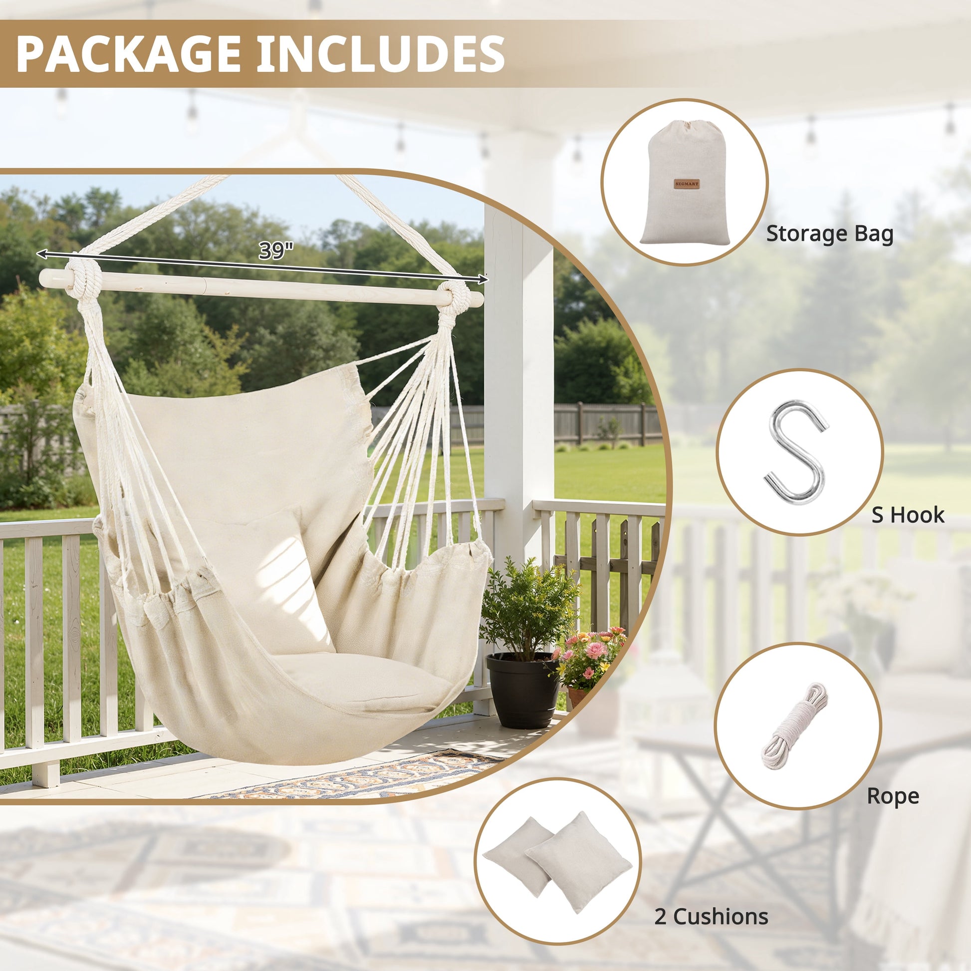 Large Hammock Chair Swing, Relax Hanging Rope Swing Chair with Detachable Metal Support Bar & Two Seat Cushions, Cotton Hammock Chair Swing Seat for Yard Bedroom Patio Porch Indoor Outdoor