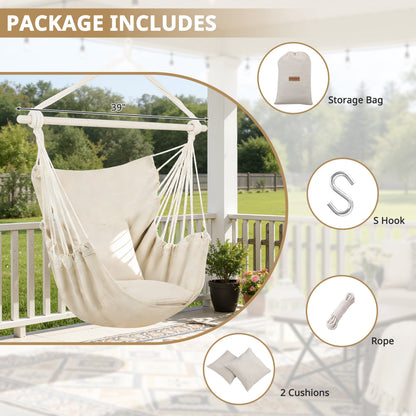 Large Hammock Chair Swing, Relax Hanging Rope Swing Chair with Detachable Metal Support Bar & Two Seat Cushions, Cotton Hammock Chair Swing Seat for Yard Bedroom Patio Porch Indoor Outdoor