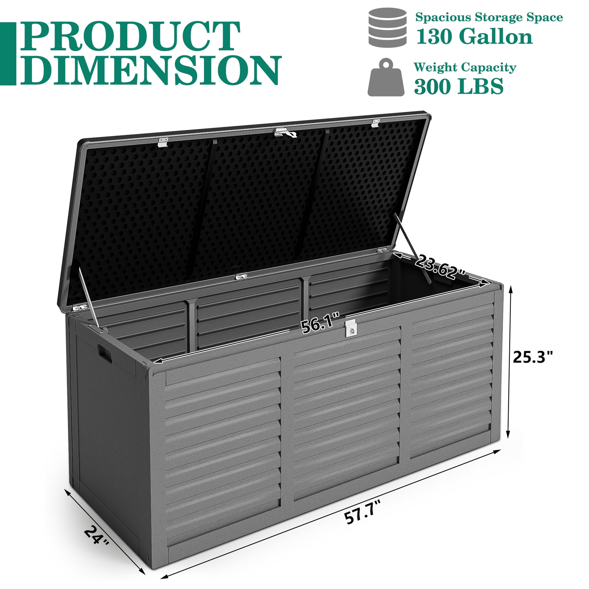 130 Gallon Resin Deck Box, Outdoor Lockable Storage Container for Patio Cushions, Garden Tools, Pool Supplies, Toys, Waterproof and UV Resistant, Reinforced Rib Design, Gray