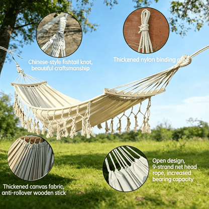 Oaskys Bohemian Style Hammock with Tassels – Handmade Rope Hammock with Wooden Spreader Bars, Heavy Duty Hanging Hammock for Outdoor Garden, Patio and Backyard