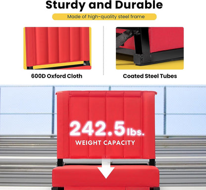 2-Pack Portable Stadium Seat for Bleachers with Back Support, Folding Bleacher Chair with Cup Holder and Shoulder Strap Red