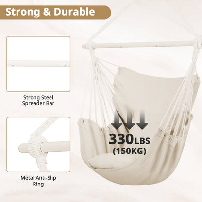 Large Hammock Chair Swing, Relax Hanging Rope Swing Chair with Detachable Metal Support Bar & Two Seat Cushions, Cotton Hammock Chair Swing Seat for Yard Bedroom Patio Porch Indoor Outdoor