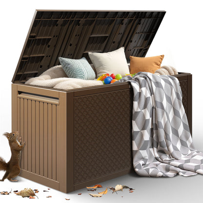 Enyopro 90 Gallon Deck Box, Organization and Storage Box for Patio Furniture Outdoor Cushions, Throw Pillows, Garden Tools and Pool Toys, Brown