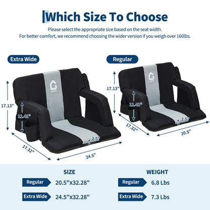 Stadium Seats with Back Support & Padded Cushion – Extra Wide 24.5" Bleacher Chair with Anti-Slip Mat – 6 Adjustable Reclining Positions – Large Pockets & Cup Holders – Portable, Foldable for Football