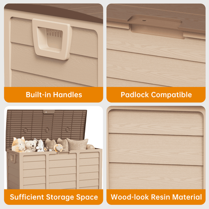 Marknig 75 Gallon Deck Box, Indoor Outdoor Storage Box for Patio Furniture, Pool Accessories, Garden Tools, Sports Equipment, Waterproof Resin Rattan Box with Lockable Lid and Side Handles, Brown