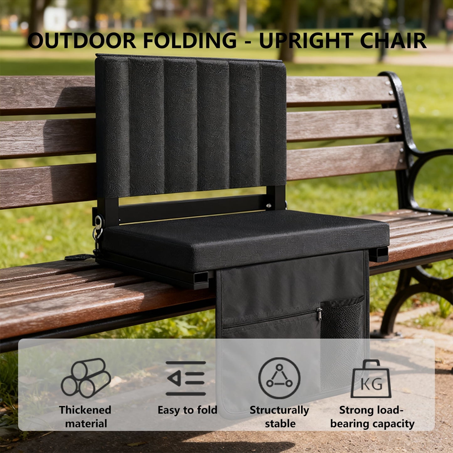Portable Stadium Seat with Back Support, Folding Bleacher Chair with Cushion, Cup Holders, Storage Pockets – Ideal for Sports Events, Camping & Picnics (Black)