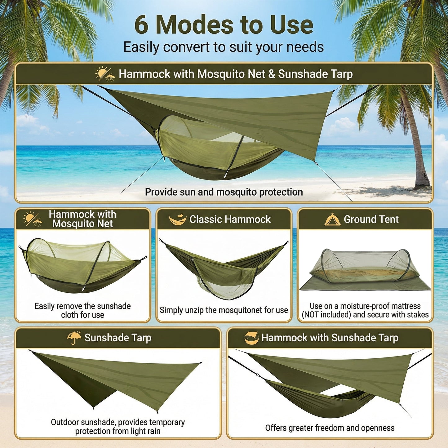 EZBY Camping Hammock with Net & Sunshade Tarp, 2 Person Portable Hammocks for Outside, 661lbs Max Load for Outdoor Camping Hiking Beach Park