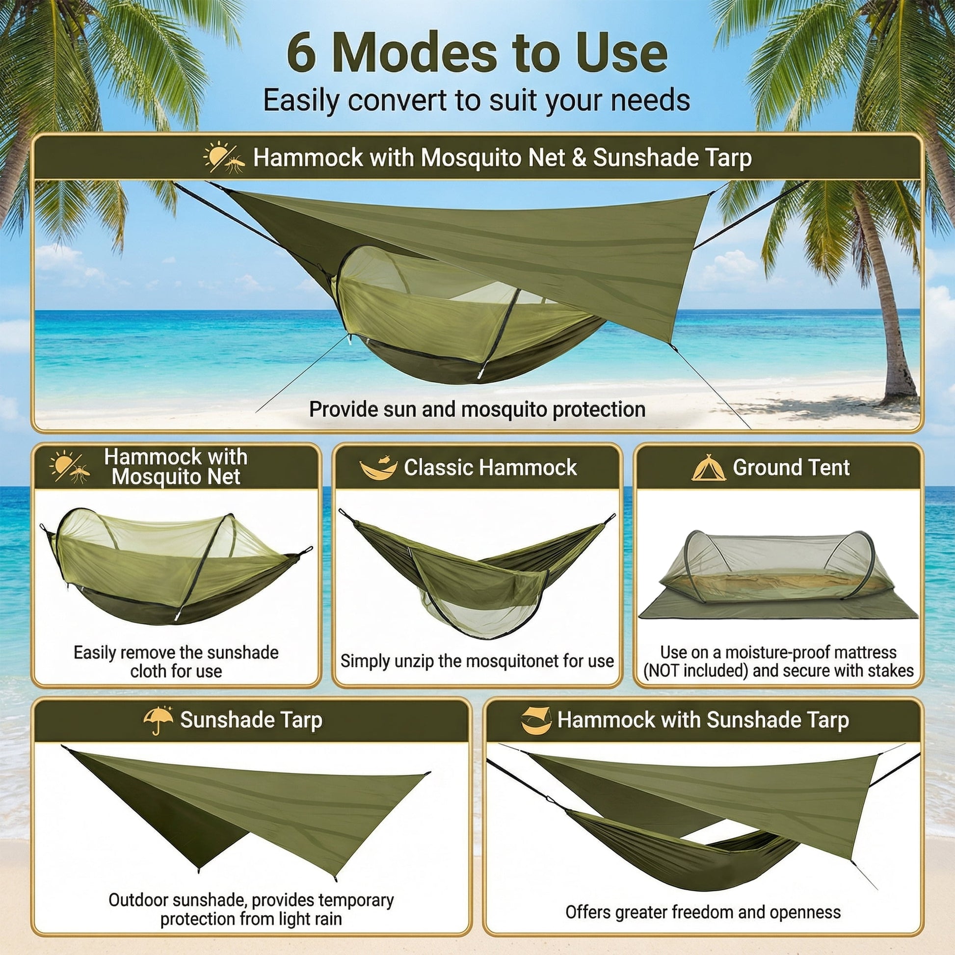 EZBY Camping Hammock with Net & Sunshade Tarp, 2 Person Portable Hammocks for Outside, 661lbs Max Load for Outdoor Camping Hiking Beach Park